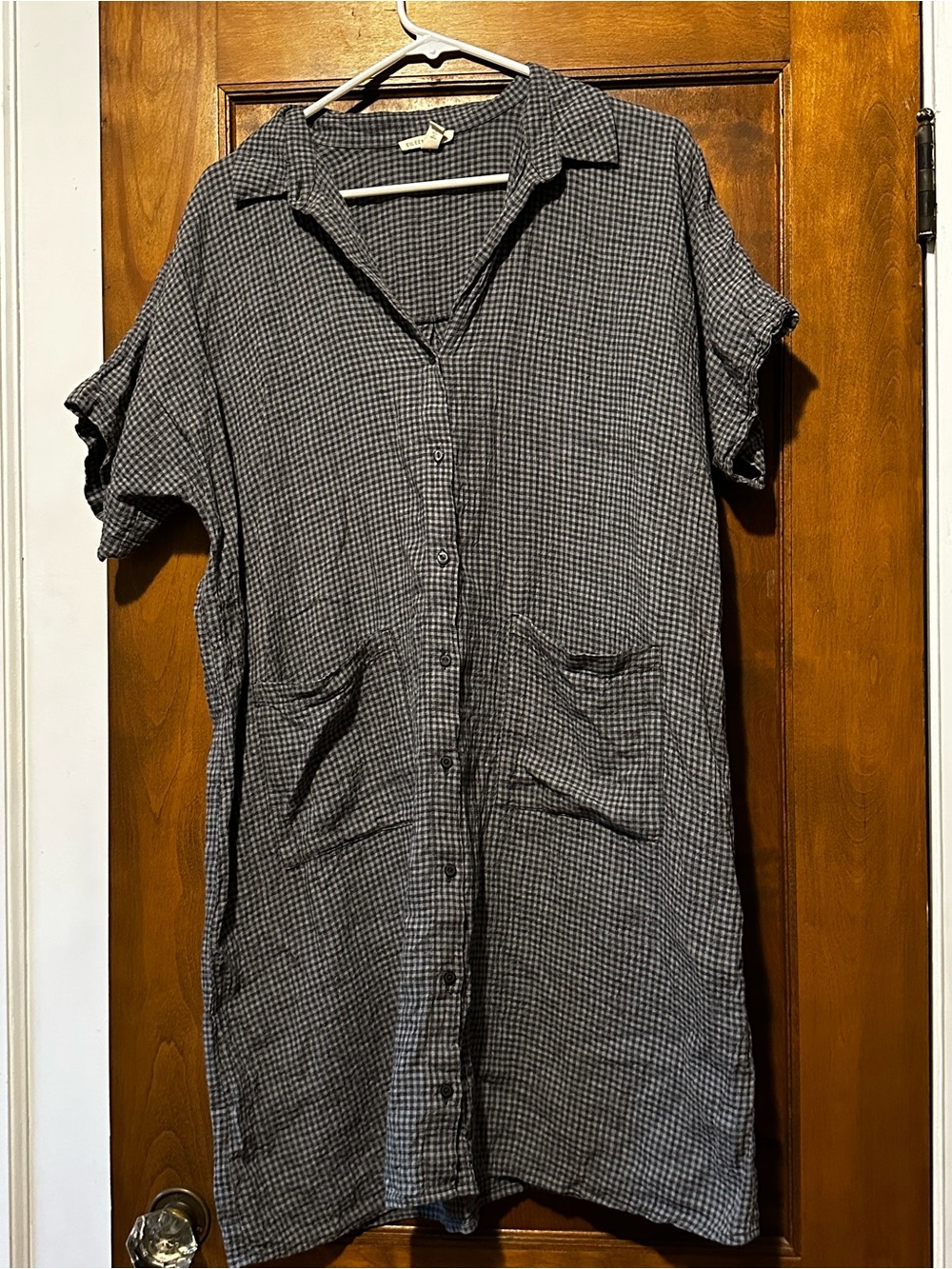 Eileen Fisher Organic Linen Gingham Shirt Dress Black Gray Size Medium